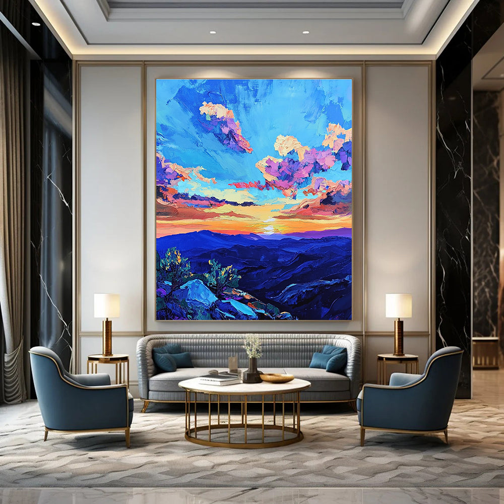 Large abstract painting of a vibrant sunset sky over rugged New Mexico mountains featuring bold colors and dramatic brush strokes inspired by Van Gogh.STSC1457