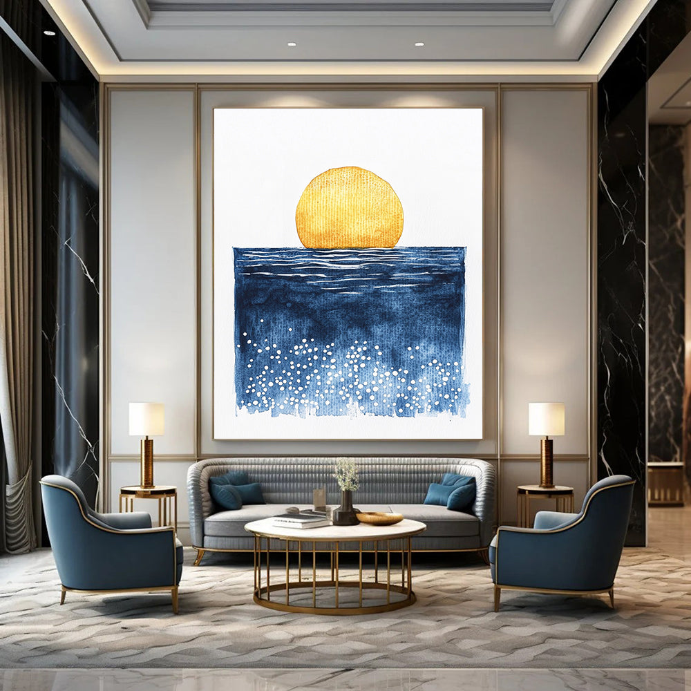 Large abstract watercolor painting of a sun rising over the ocean in minimalist style featuring blue yellow and white dots.STSC506