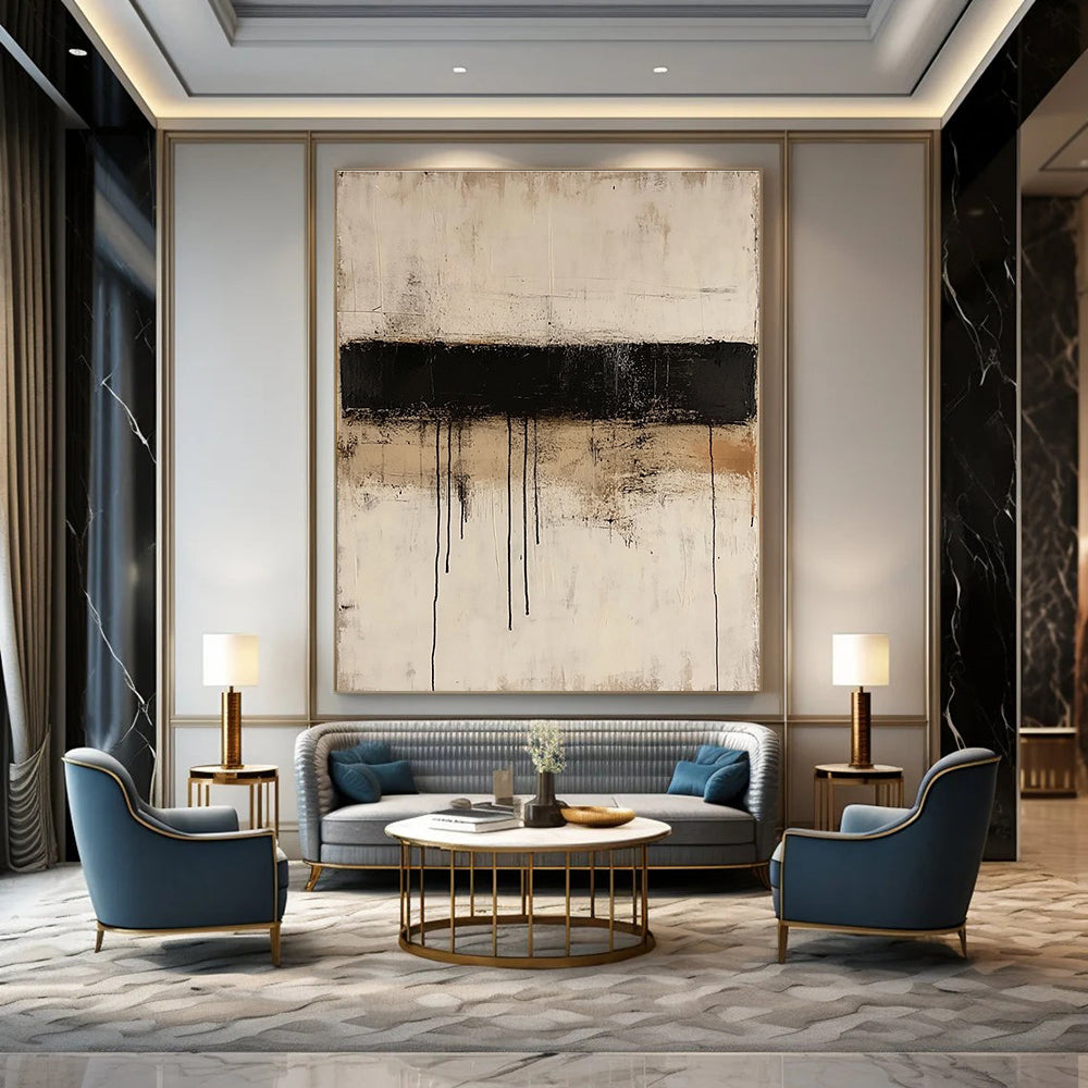 Large abstract painting featuring thin black lines layered on textured beige paper in a minimalist style reminiscent of Mark Rothko.STSC521