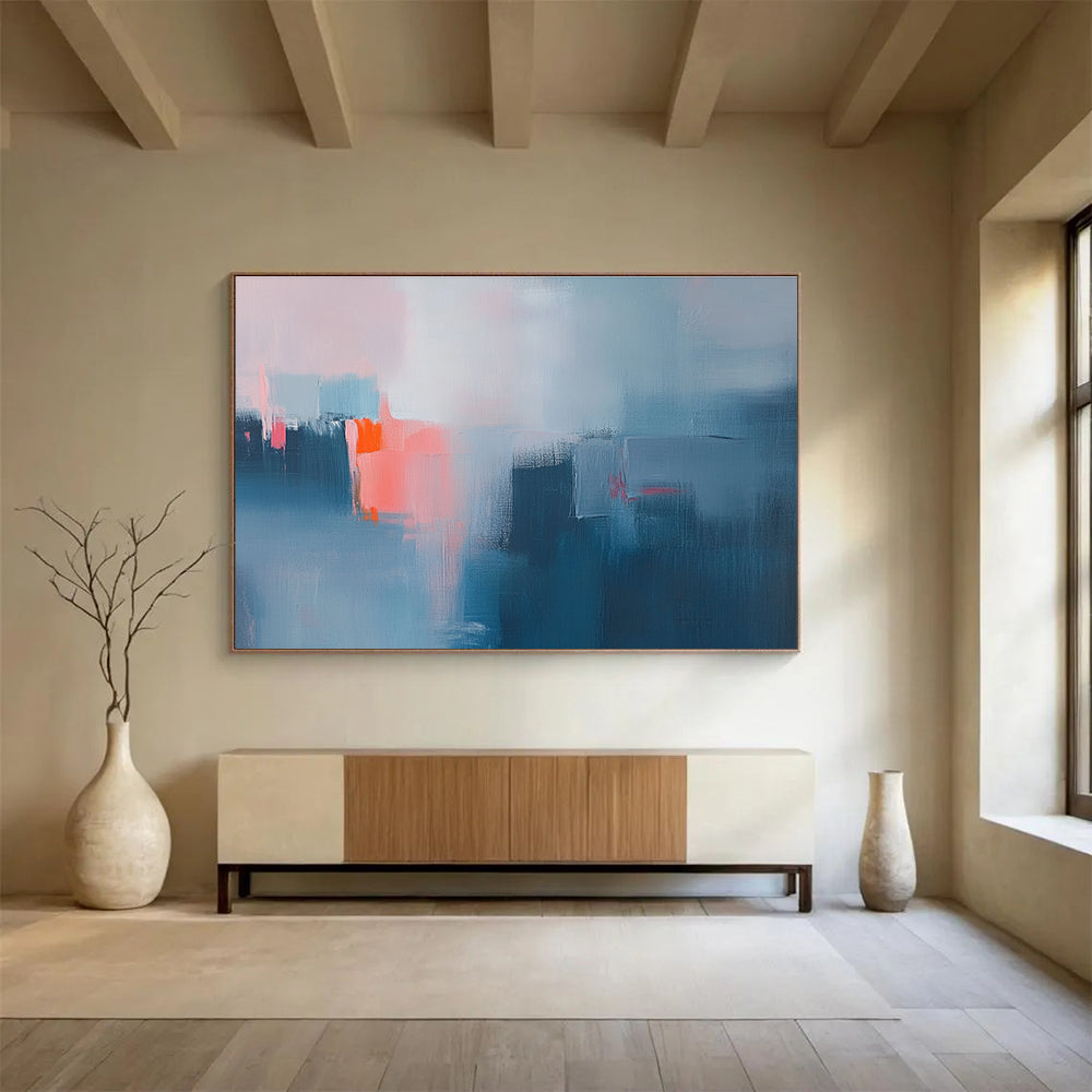 Large abstract oil painting depicting a misty rain with blue and grey hues highlighted by pink and orange accents.SC319