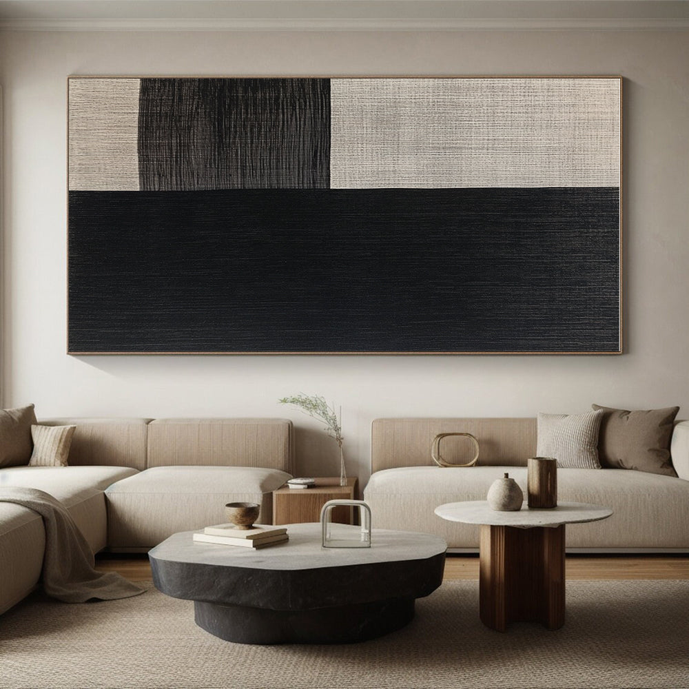 Black and Beige Textured Squares Abstract Painting with Woven - Like Patterns GER015