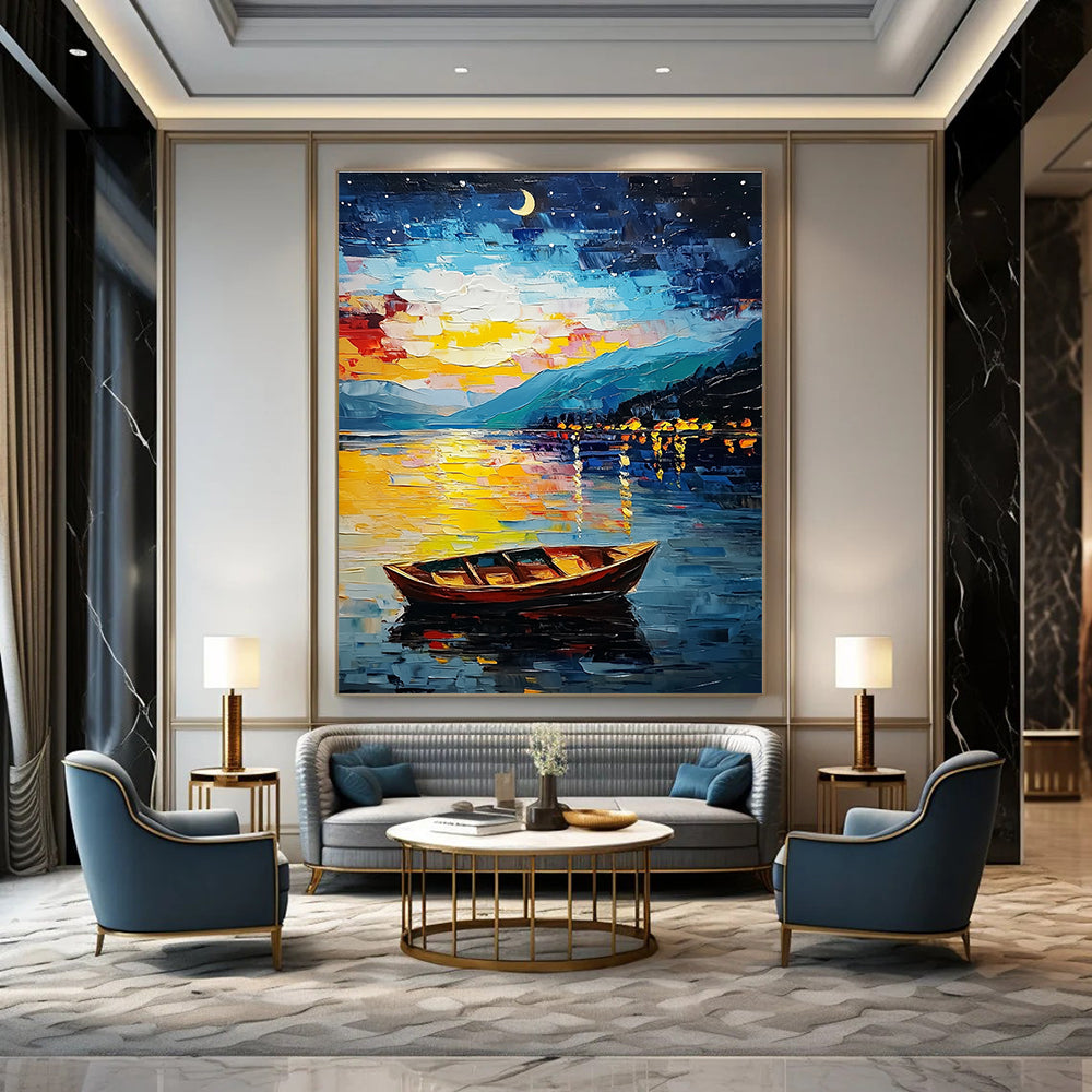 Large Abstract Painting of Lake Tahoe at night featuring stars moon colorful sky small boat mountain reflections in vibrant oil paint style.STSC1132