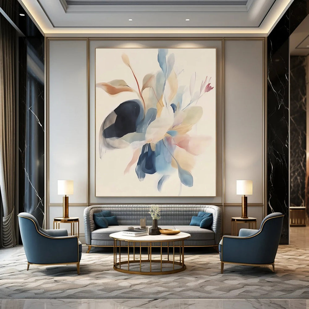 Abstract painting featuring soft watercolor in pastel colors with minimalistic floating bird wings and flowers on a white background.STSC482