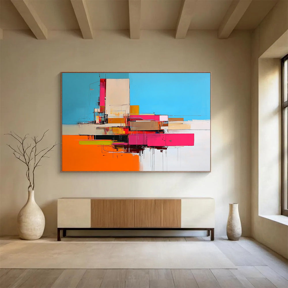 Large abstract painting of an industrial building in vibrant pink and orange hues against a blue backdrop capturing dynamic beauty.SC159