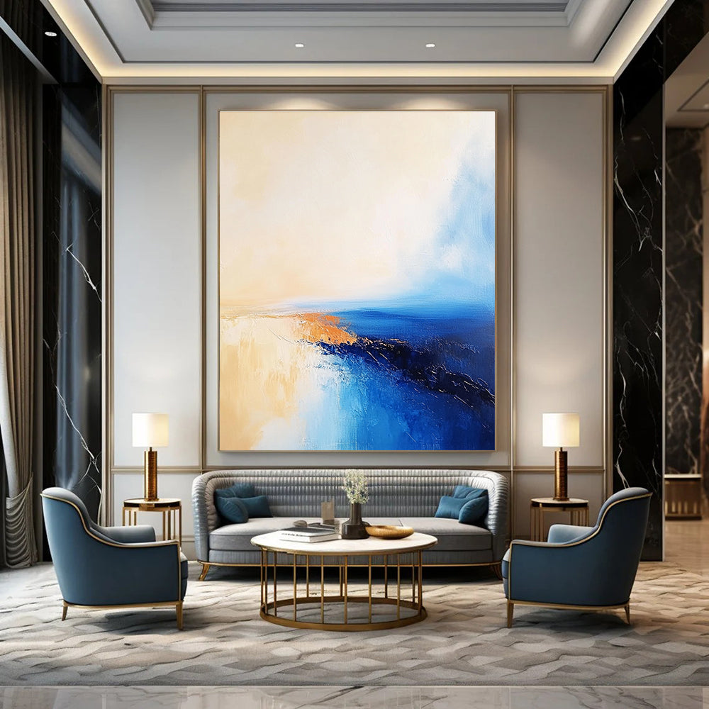 Large Abstract Oil Painting of the Sea in Blue and Beige with a Golden Sunset Horizon. Perfect for enriching any living space.STSC599