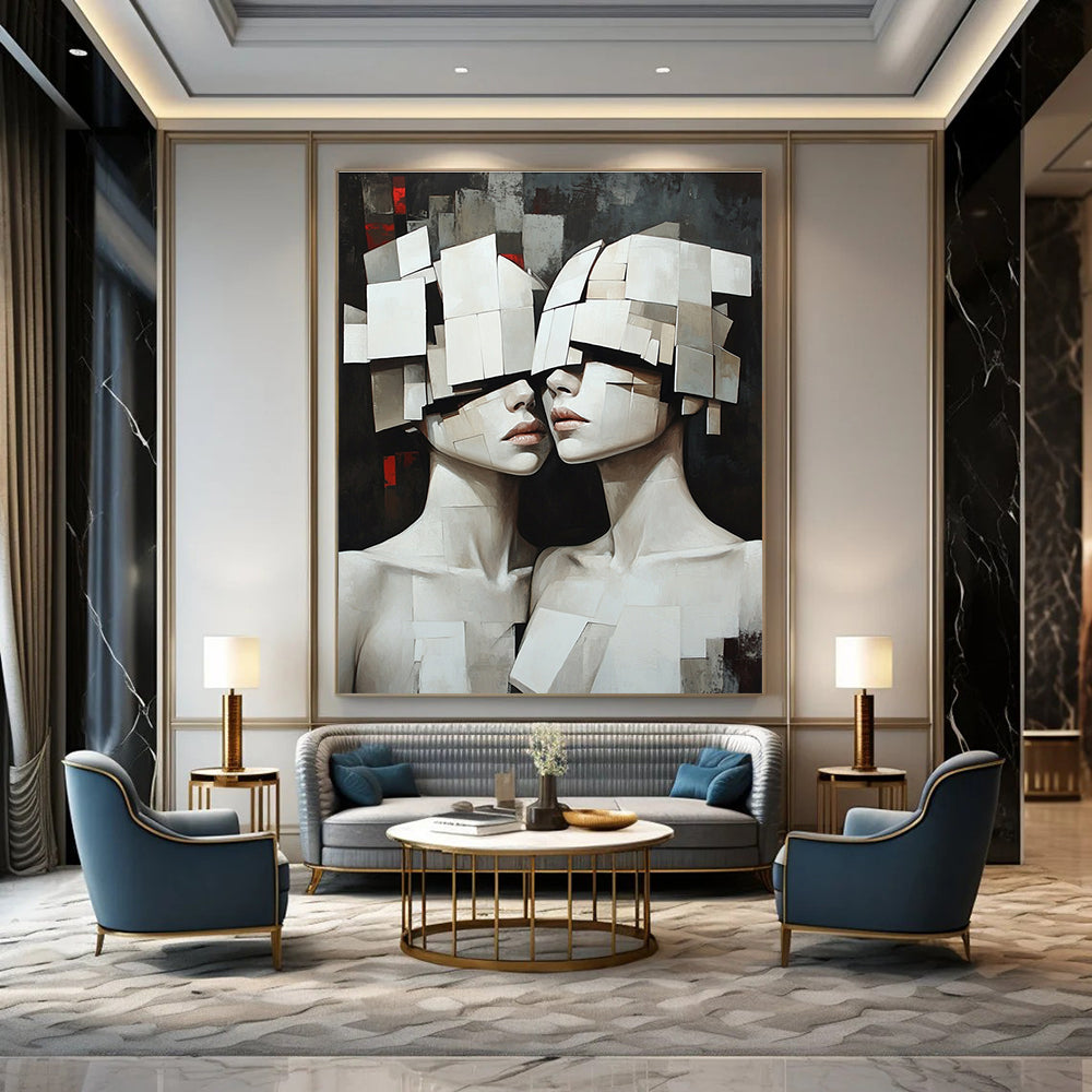Large abstract oil painting featuring two white humanoid female figures with obscured faces against a dark background, evoking mystery and intrigue.STSC1455