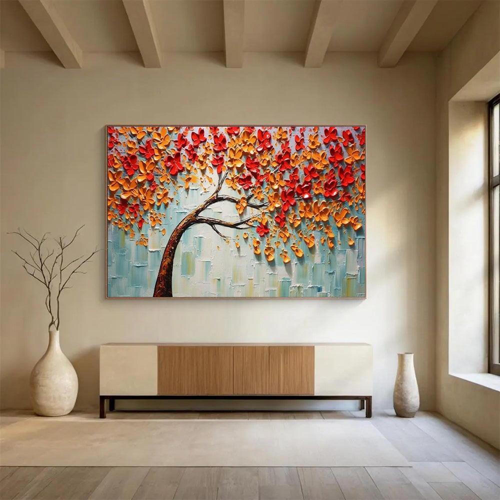 3D Autumn Tree Abstract Painting with Orange, Red, and Blue Tones THY168