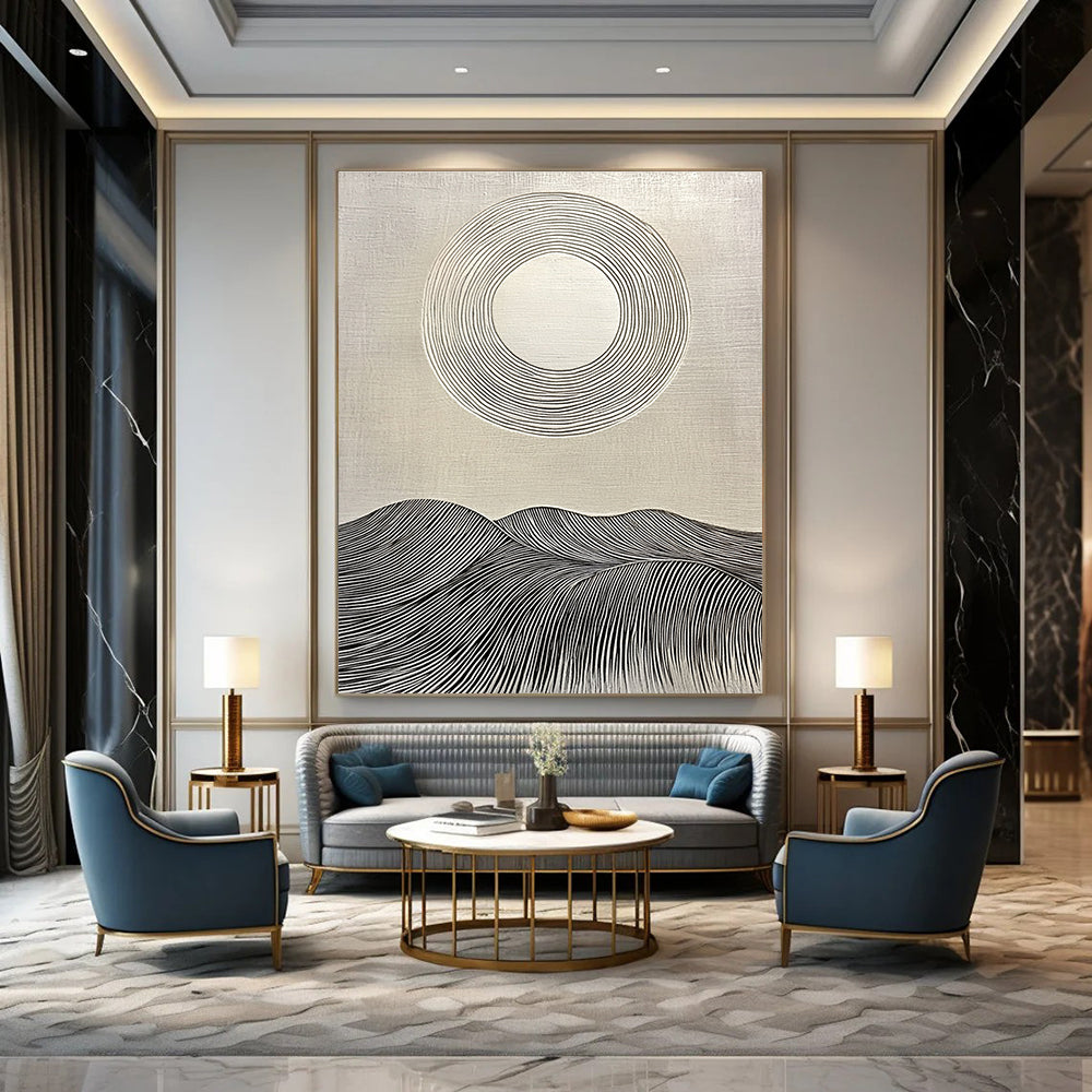 Large abstract painting featuring a circular white sun on textured background with rolling hills and clean lines for a modern aesthetic.STSC1029
