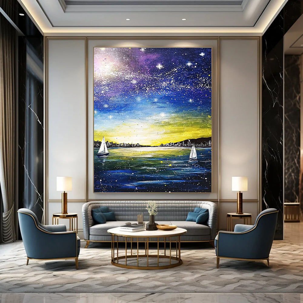 A large abstract painting featuring a blue sea and sky, white stars, sailboats, and a city silhouette using yellow, purple, green, and navy colors.STSC848