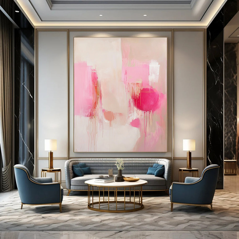 Large abstract painting in soft pink and white tones with emotional expressionism and delicate details, featuring layered shapes and unique accents.STSC807