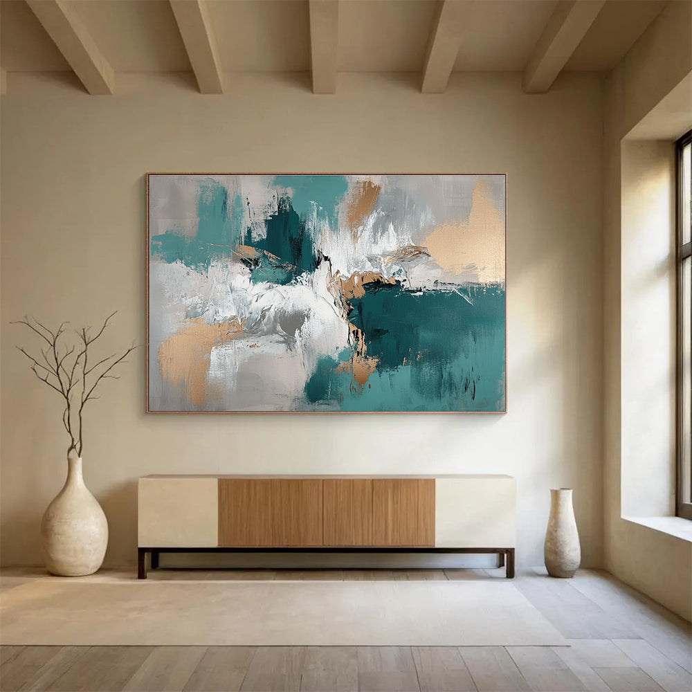 Large abstract painting with muted teal beige and brown tones depicting water and ice creating a profound depth on the canvas.SC243