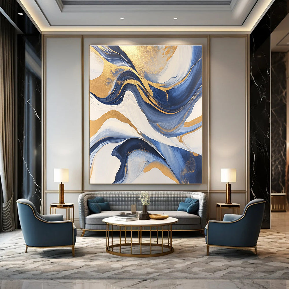 Large Abstract Painting with gold leafing flowing lines fluid acrylics blue black gray and white swirling patterns marbleized surfaces.STSC031