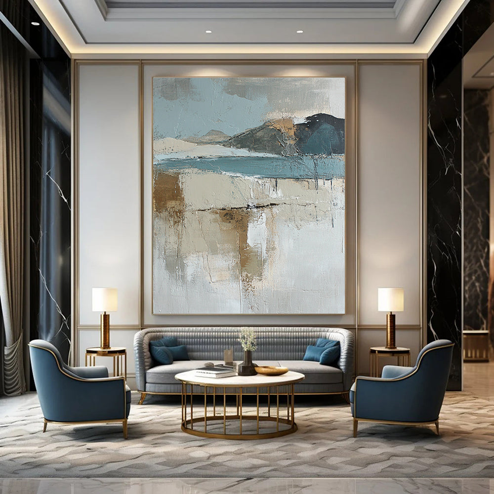 Large abstract oil painting of an Arctic landscape featuring muted earth tones and blue hues enhanced by textured brush strokes.STSC145