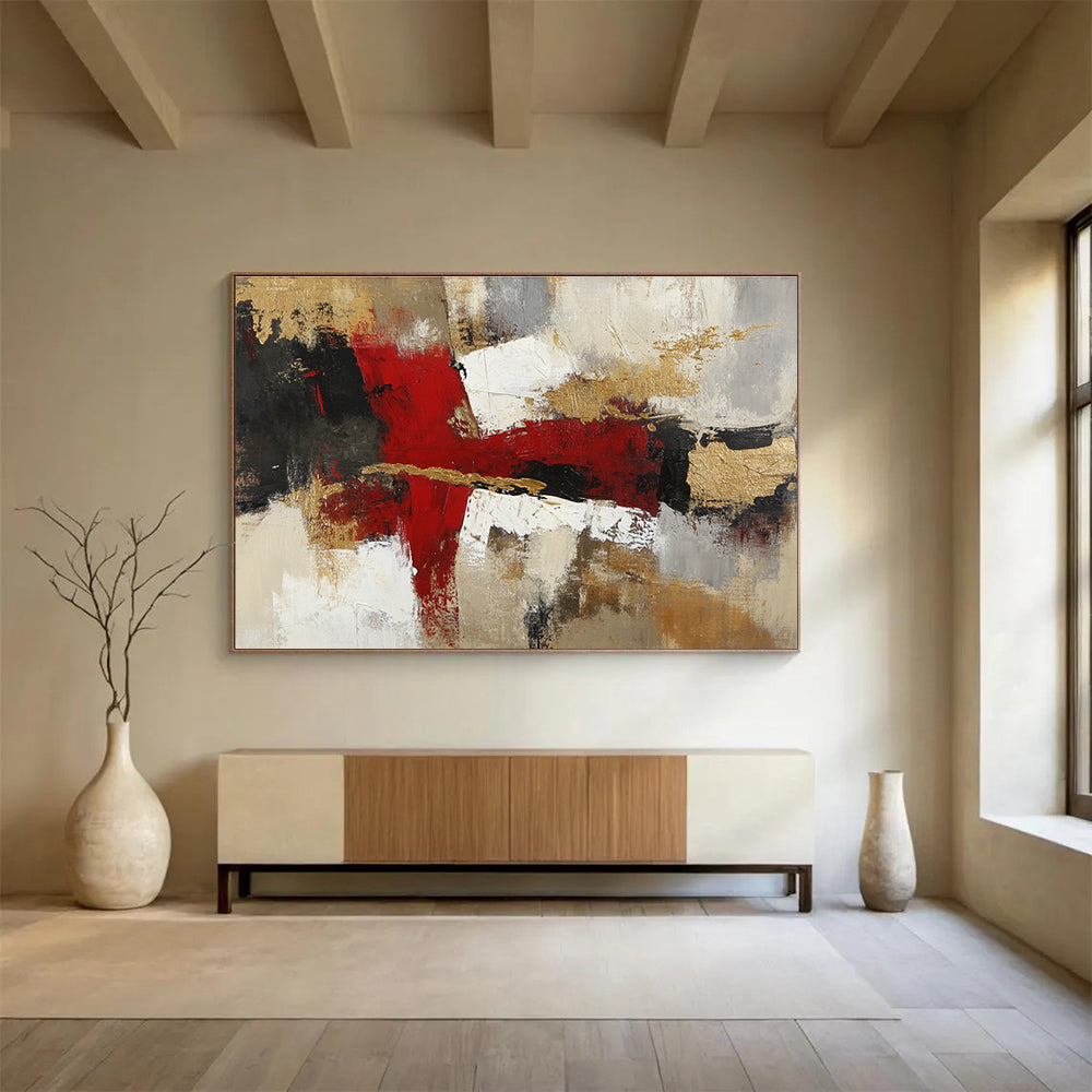 A large abstract painting with red white and brown tones featuring organic layers textures and a blend of realism and abstraction.SC381