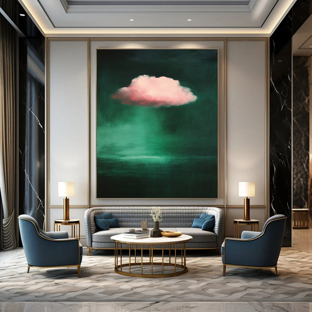 Large abstract painting featuring a pink cloud against a dark green background inspired by the style of Raimad Zinoglu.STSC1402