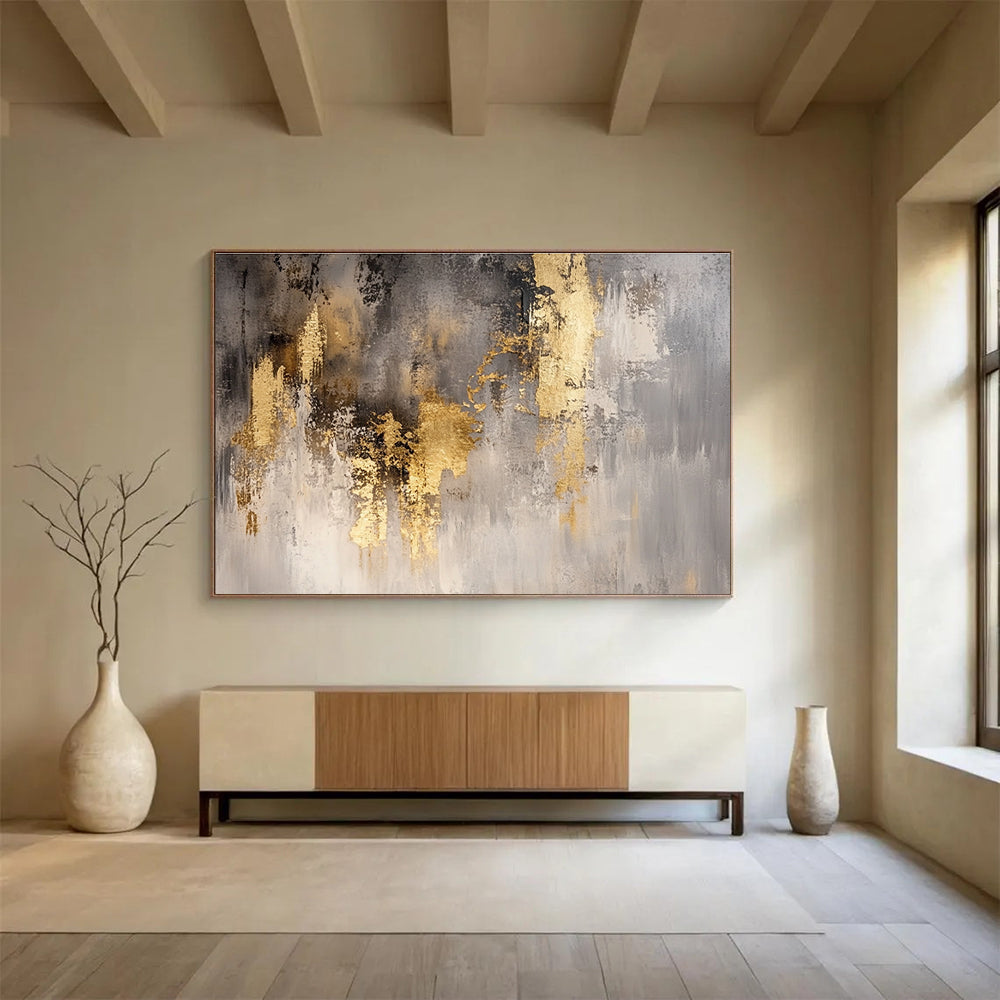 Grey and Gold Abstract Painting with Textured Brushstrokes DYP167