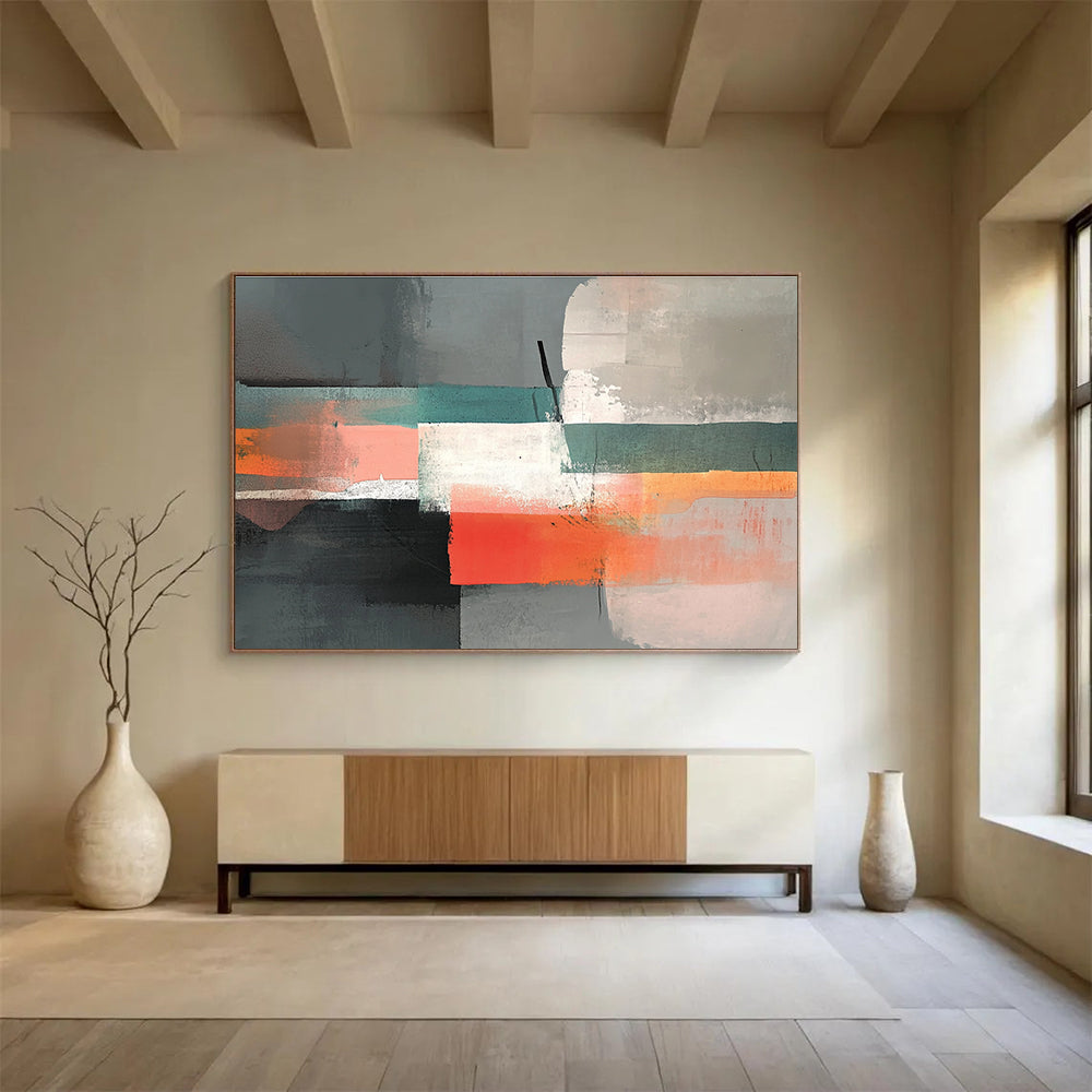A large abstract painting featuring gray, peach, and teal colors with collage elements and low contrast for a serene atmosphere.SC374