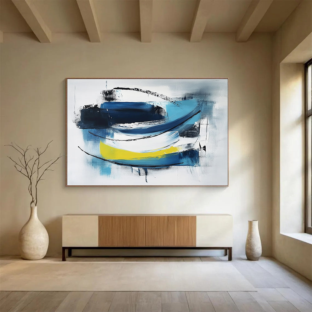 Abstract painting featuring blue black and white minimalist brush strokes on light gray with thick lines simple shapes and yellow accents.SC033
