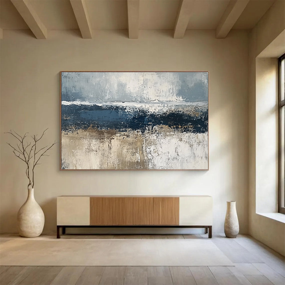 Large abstract painting of the sea featuring gray and dark blue tones with brown accents and thick textured paint.SC203