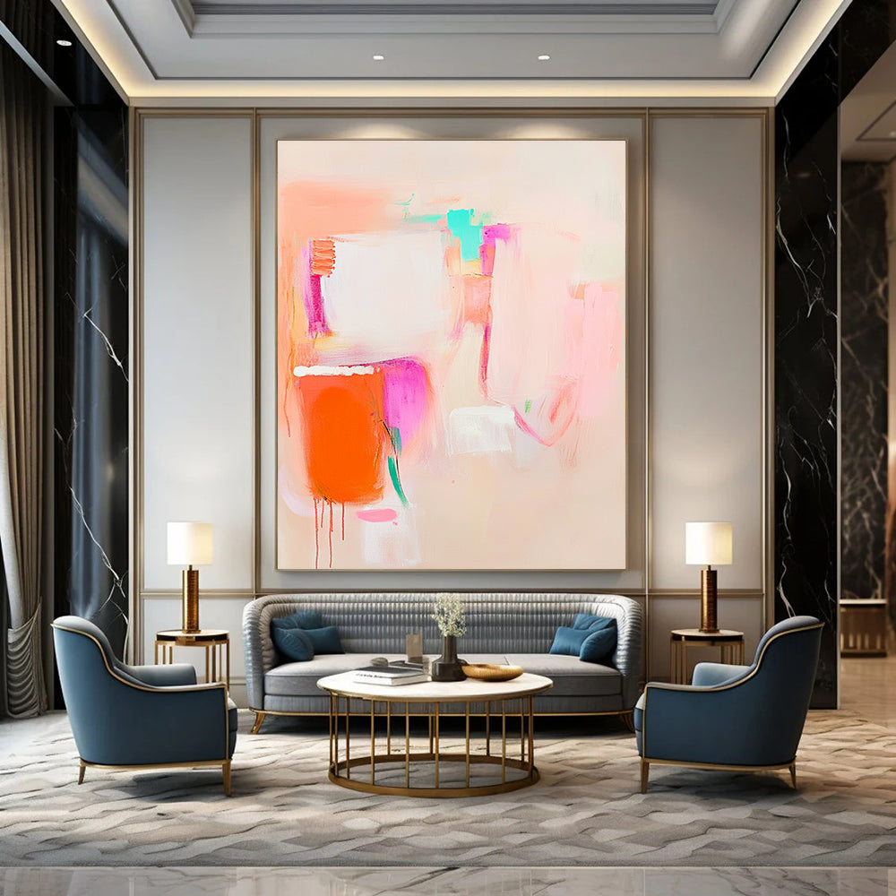 Large abstract painting in soft pink orange and white featuring everyday objects for a calming and dreamy effect on a light beige background.STSC623
