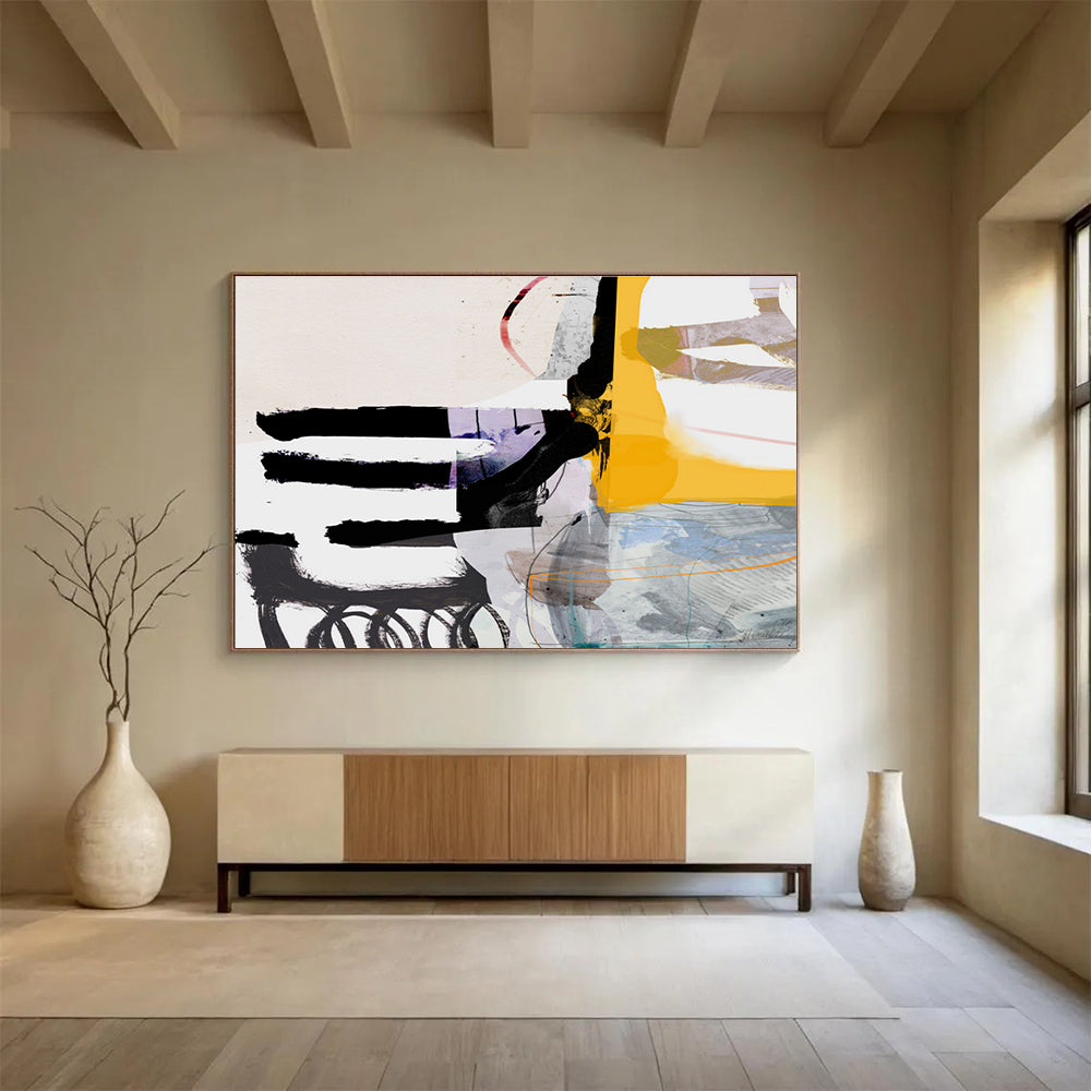 Colorful Mixed - Media Abstract Painting with Black Yellow and Purple THY112