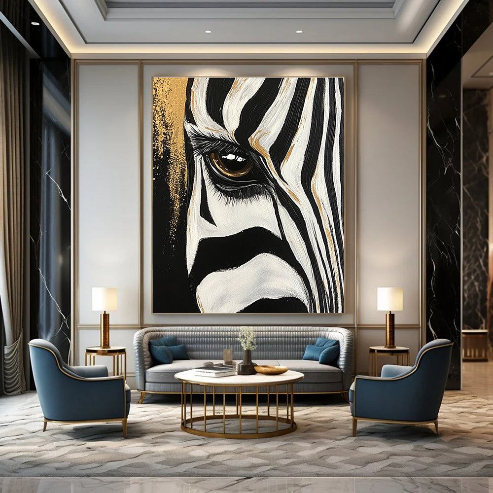 Large abstract painting of a zebra's eye and stripes featuring bold brushstrokes with gold accents against a textured black and white background.STSC956