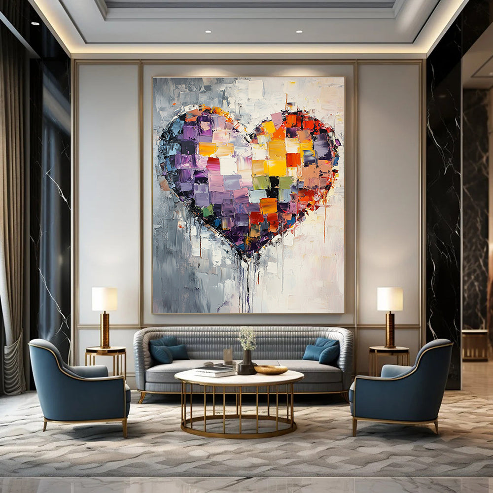 Large abstract painting featuring a mosaic heart with vibrant colors and textured layers, evoking emotion through dynamic brush strokes and dripping details.STSC559