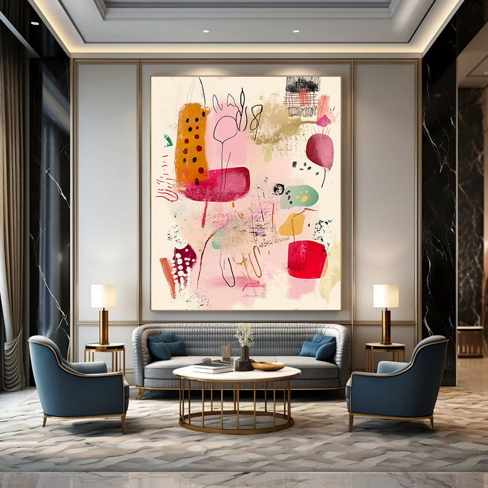 Large abstract painting featuring organic forms in pink red green and yellow with vintage textures and expressive brushstrokes on a light background.STSC1193