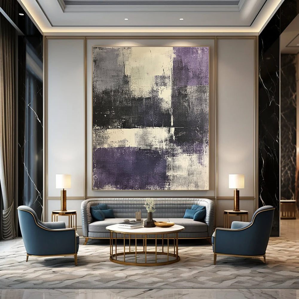 Large abstract painting in shades of gray and purple featuring an urban landscape with white elements on textured paper.STSC622
