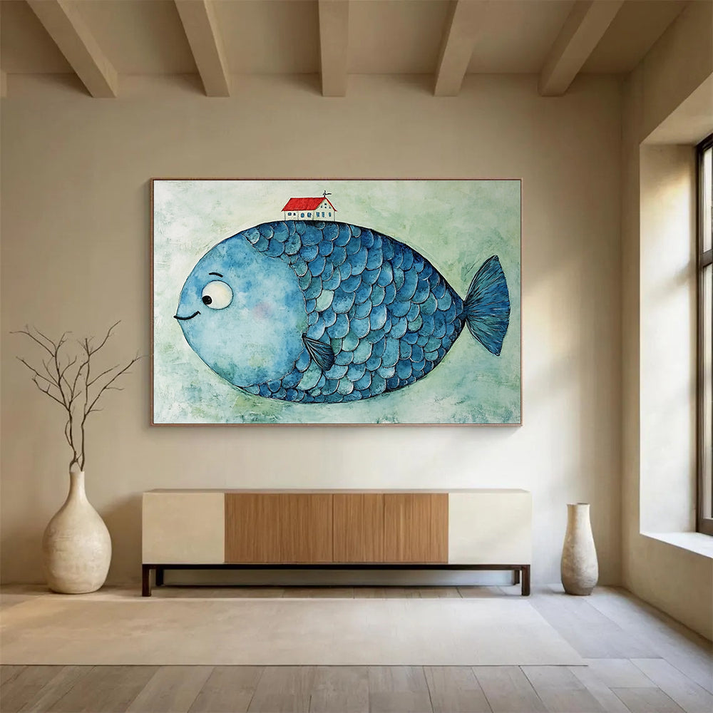 A large abstract blue fish with ripple-like scales and a small red house on its head against a light green textured background.SC478