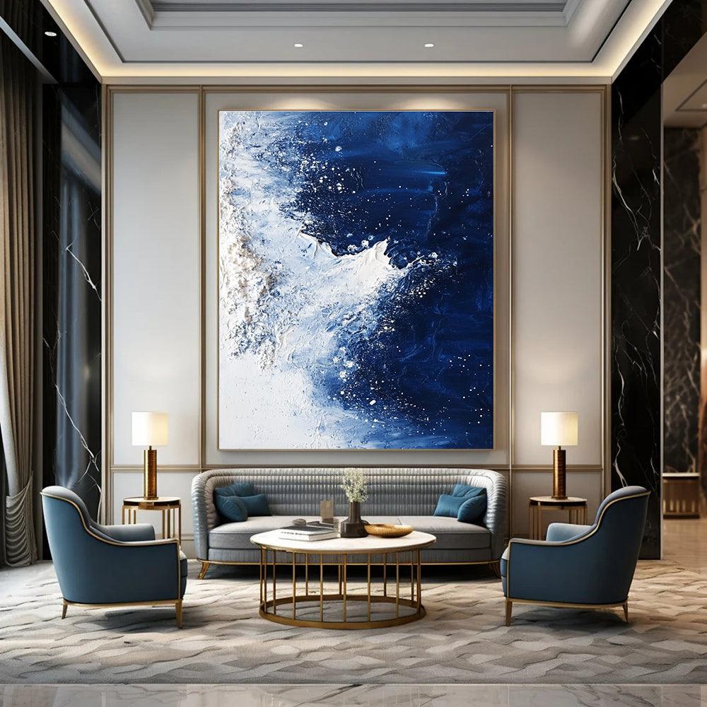 Large abstract painting depicting the North Pole with deep blue water ice and dynamic white brush strokes.STSC341