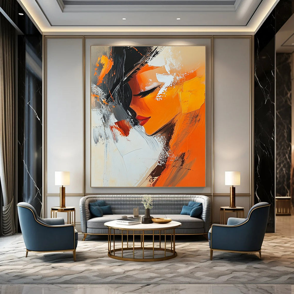 Large abstract oil painting featuring an orange woman infused with expressive brushstrokes in white beige black grey and brown tones.STSC151