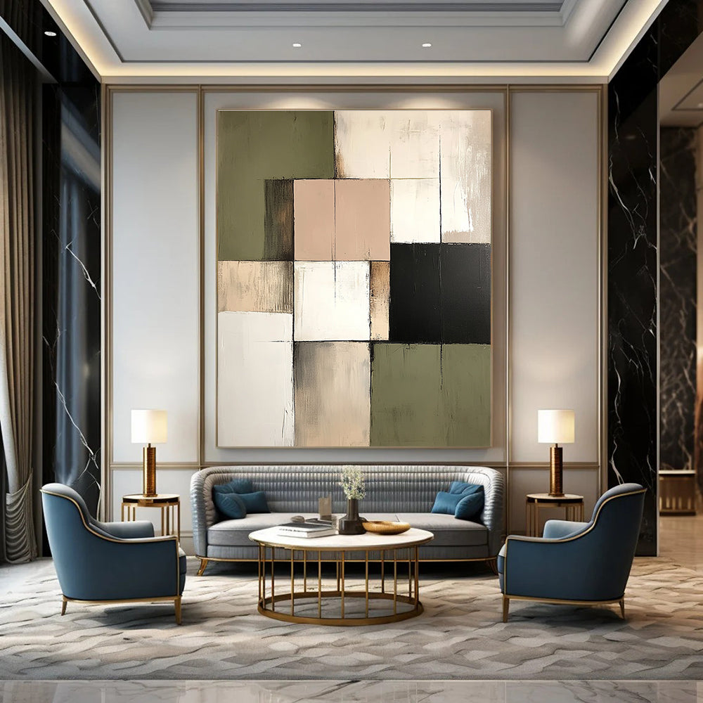 Large abstract painting in neutral tones of cream sage green and muted pink reflecting an architectural landscape feel.STSC765