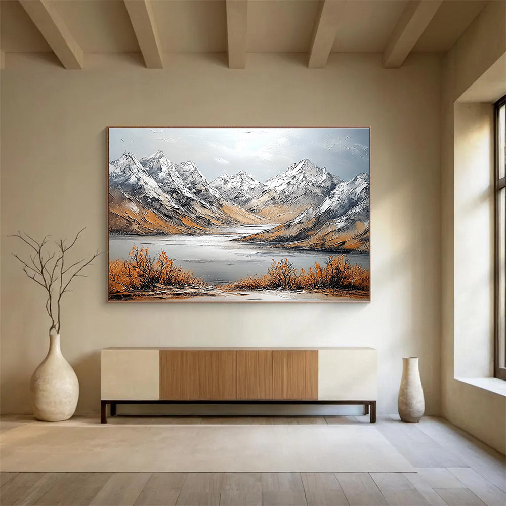 Large abstract painting featuring snowy mountains and intricate textures with a panoramic view of a distant river and soft light.SC611