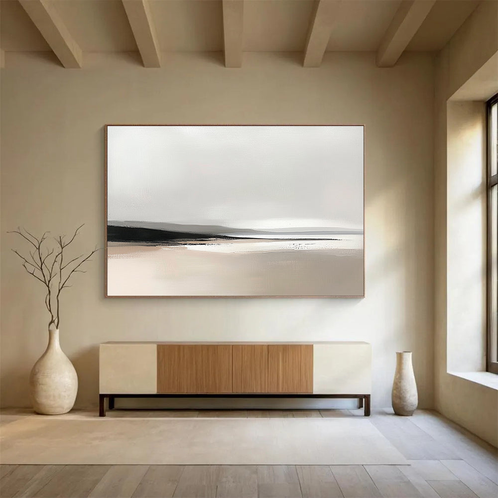 Large abstract oil painting featuring Scottish landscapes in soft greys and beiges with visible brush strokes highlighting a beach horizon.SC092