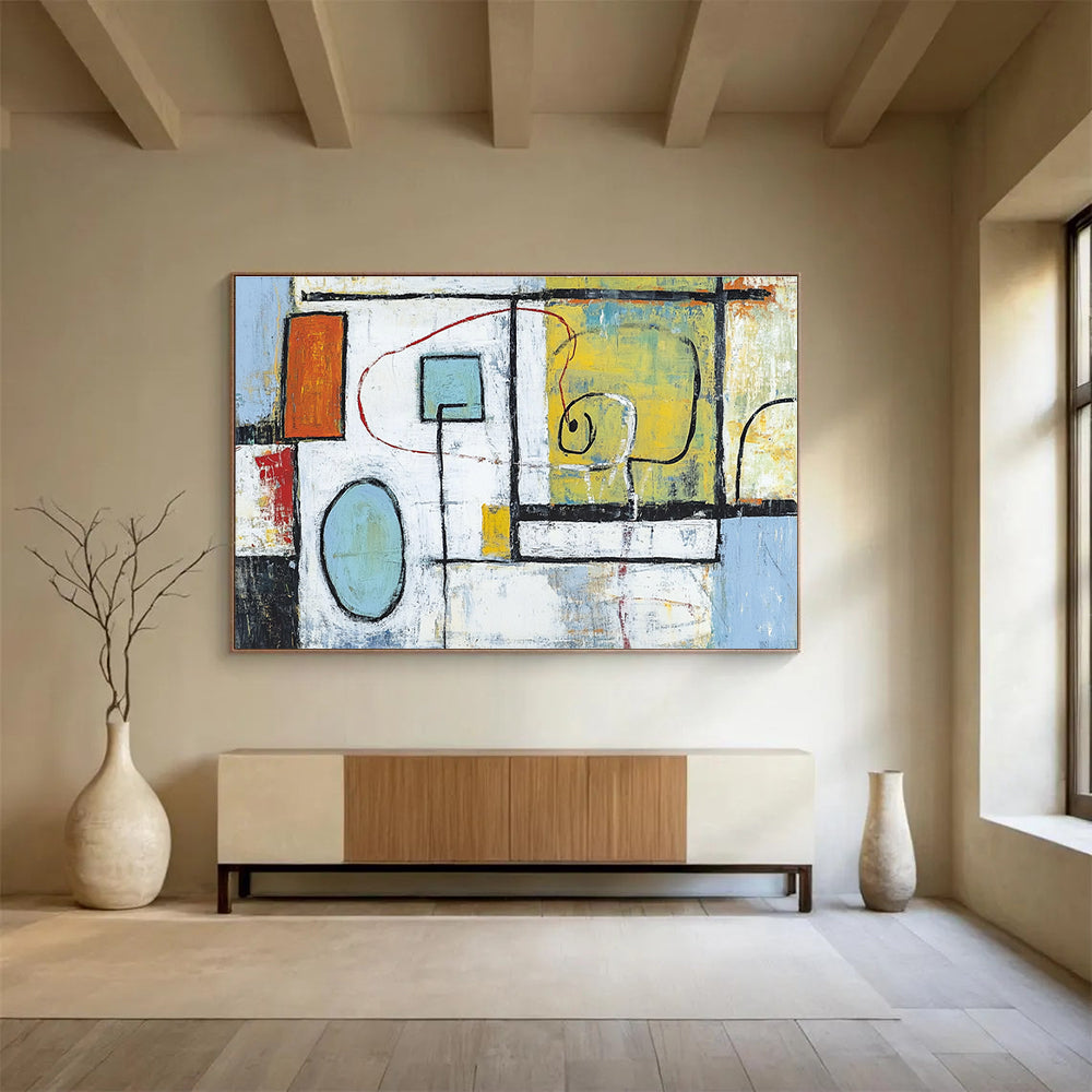 Large abstract painting featuring light blue white and green shapes with red lines yellow forms and black outlines set against a soft orange black background.SC194