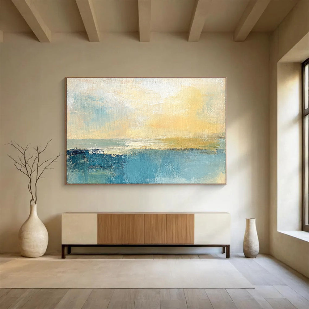 Soft Coastal Horizon Abstract Painting with Muted Blues and Yellows DYP245