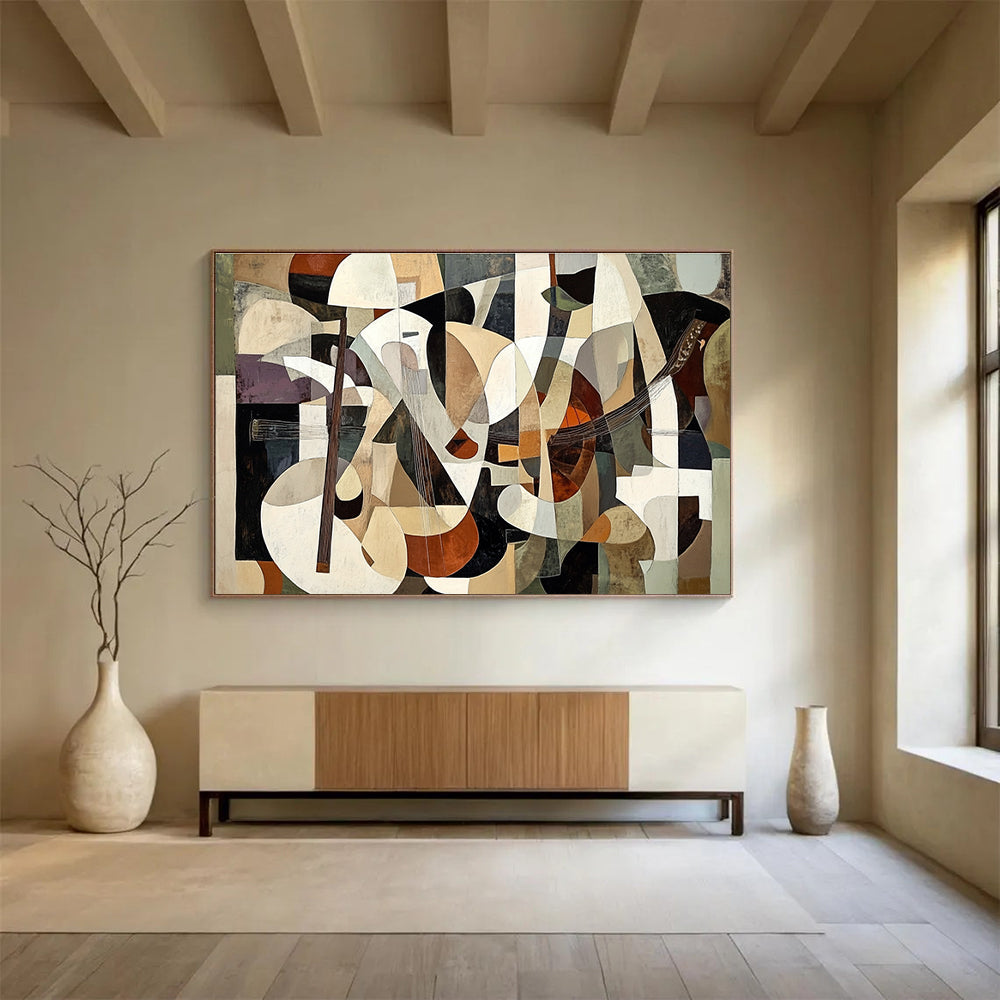 Large abstract painting featuring layered shapes in brown and beige with figures playing instruments in a cubist style, creating depth and illusion.SC395