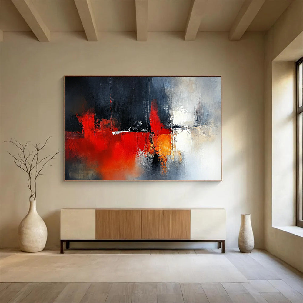 Large abstract painting featuring blurred red and white tones with dark gray background and architectural elements complemented by delicate textures and soft lighting effects.SC230