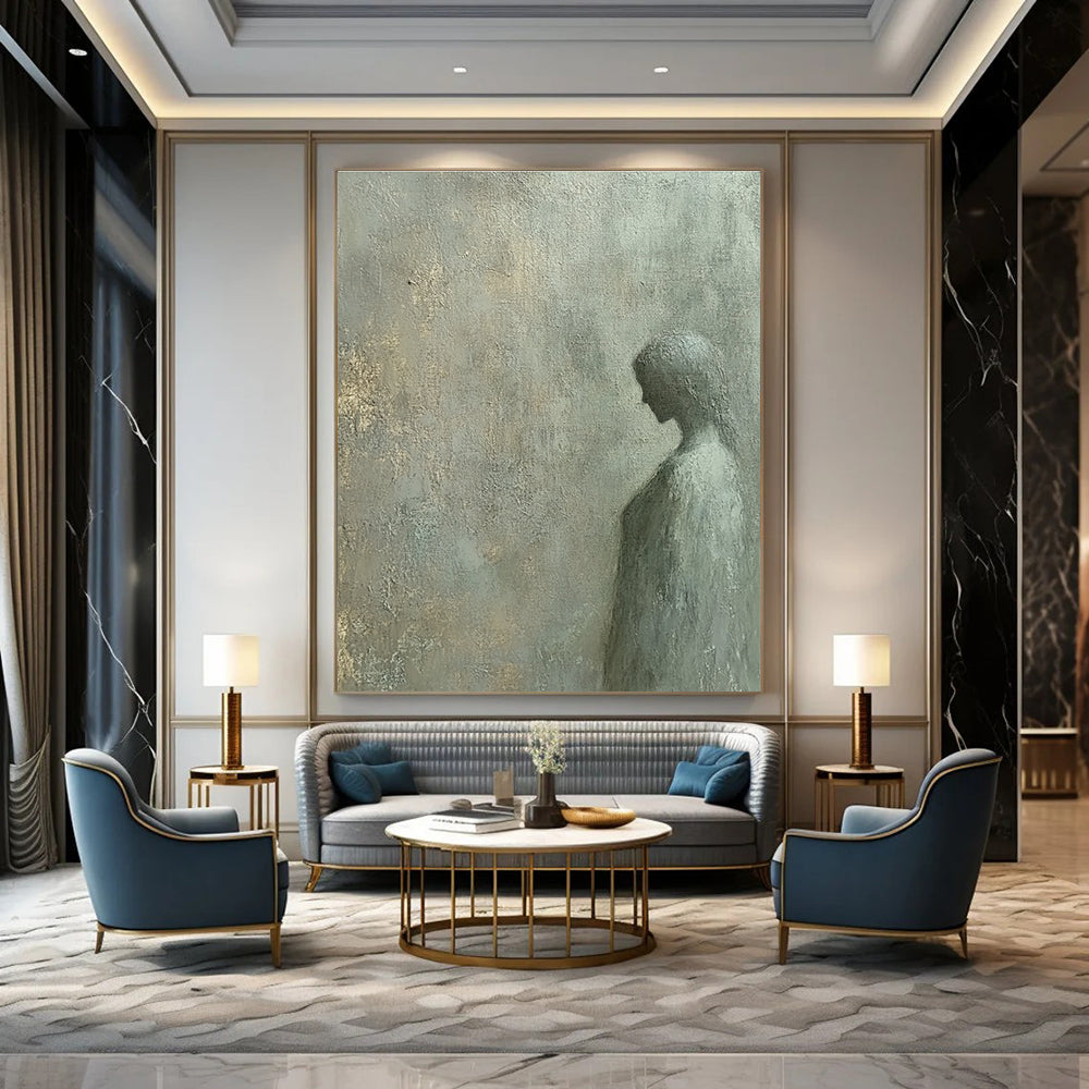 A large abstract painting featuring a flat gray wall texture with subtle noise and color variations in the style of oil painting by Leonardo da Vinci.STSC997