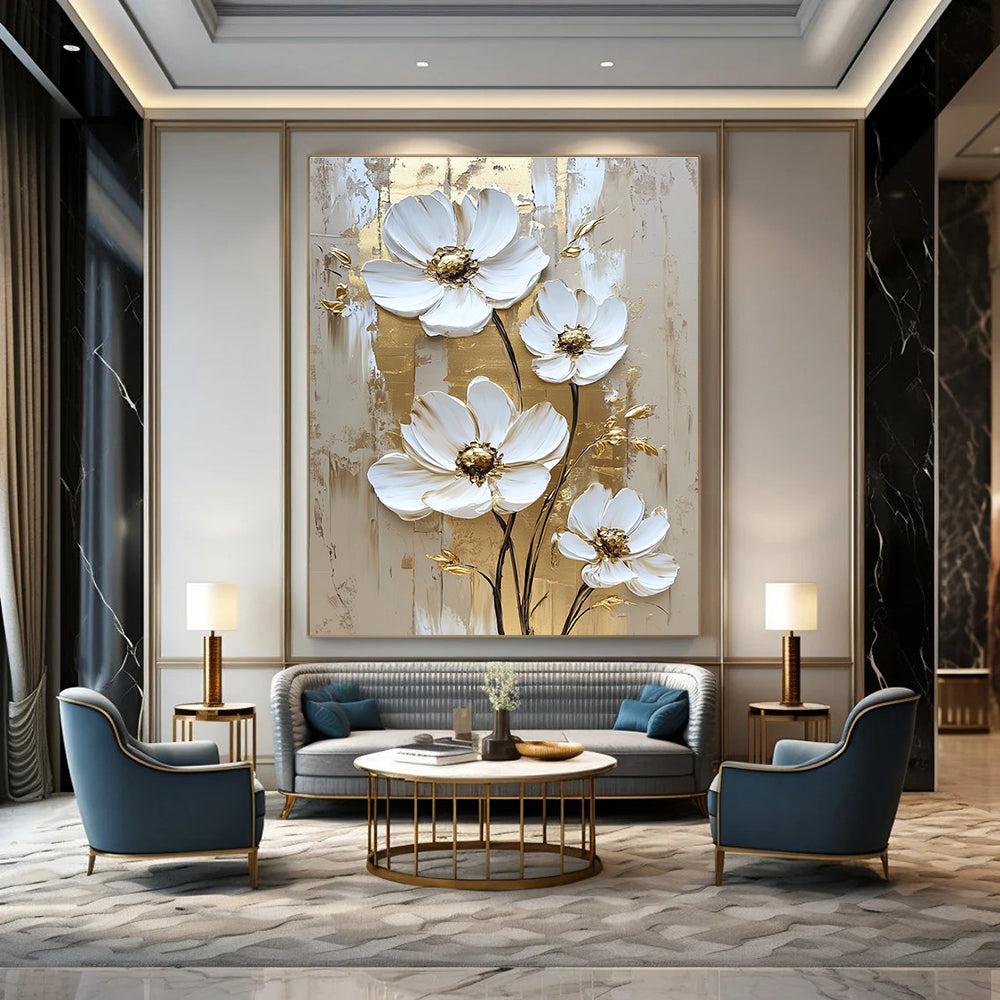 Abstract white daisy flowers with gold accents on a textured background create a stunning wall art painting that elevates any space.STSC510