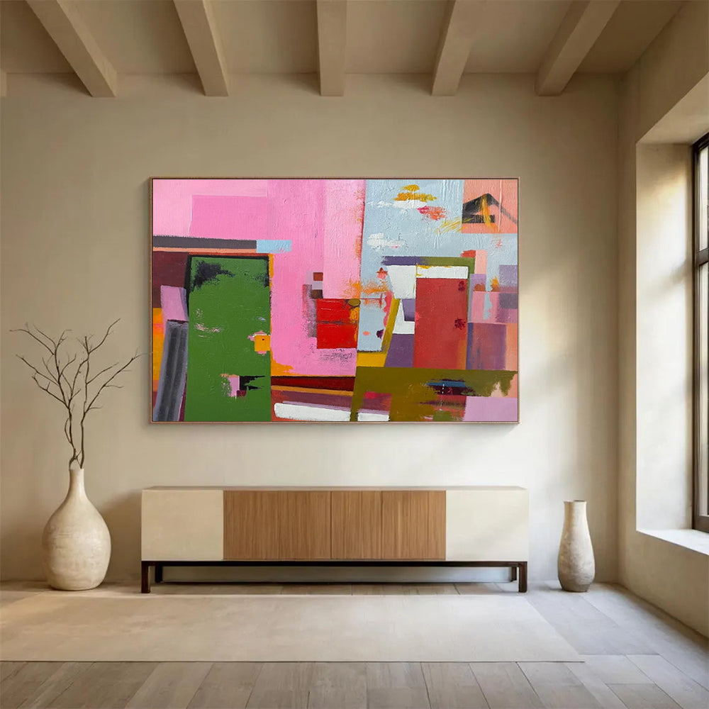 Pink and Colorful Blocks Abstract Architectural Painting THY013