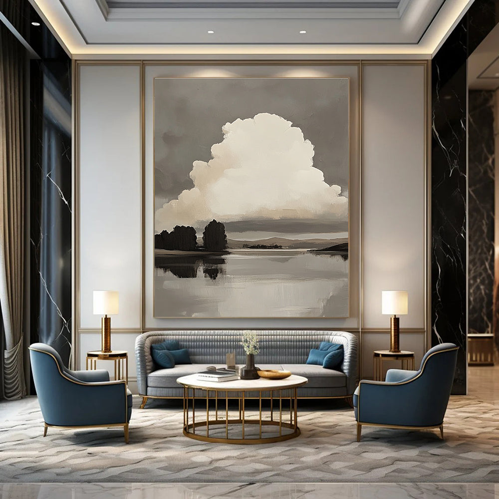 Large abstract oil painting of a white cloud over a lake with minimalist trees and hills in muted colors against a gray background.STSC868