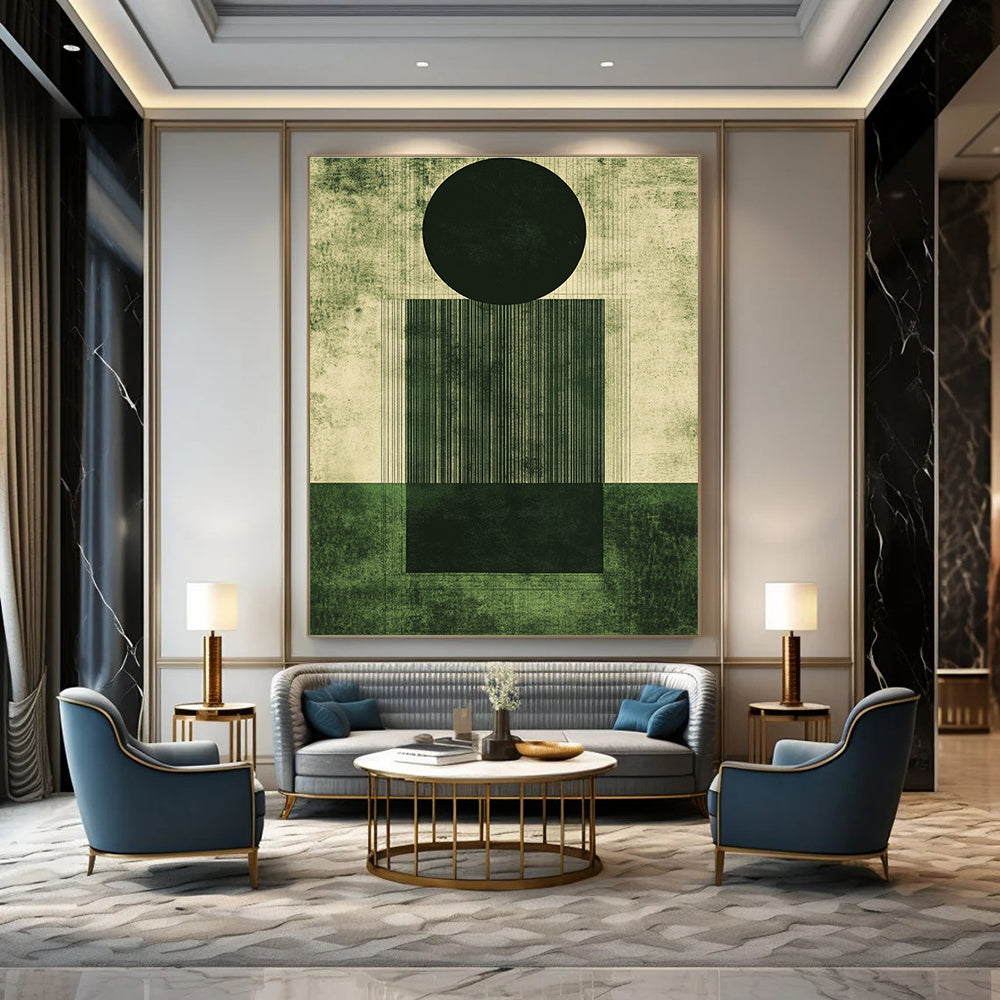 Abstract artwork featuring geometric shapes in deep emerald green and dark gray with a grainy texture and minimalistic design elements.STSC1006