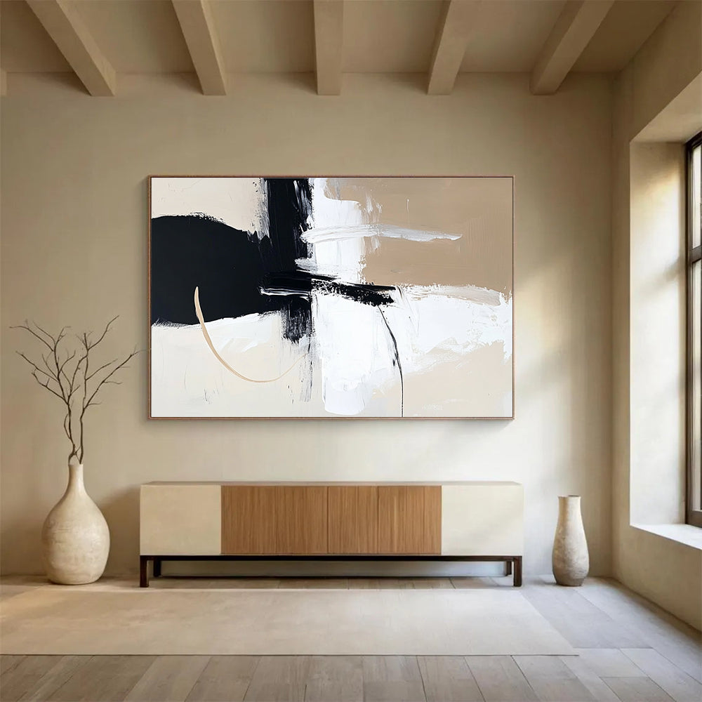 Large abstract painting in black white and beige featuring thick brush strokes and bold shapes for modern decor.SC499