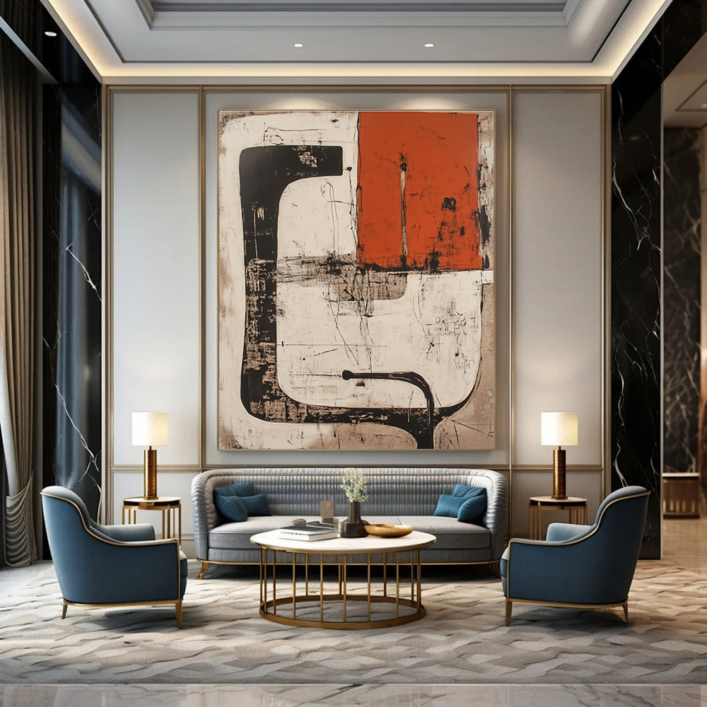 Abstract artwork in white and red featuring collage shapes lines black pipes and an orange rectangle with a silhouette on a light brown ink wash background.STSC845