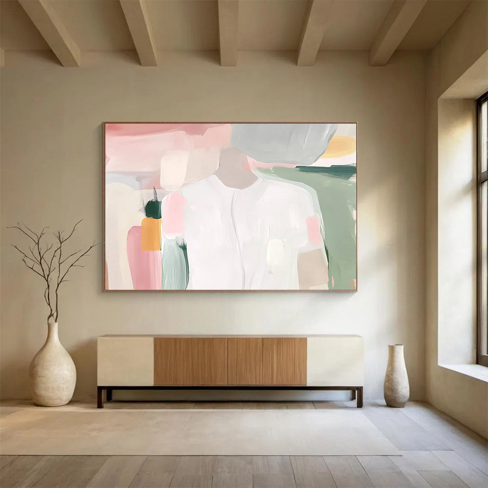 Large abstract painting of a white shirt with soft pink and green pastel brush strokes inspired by Maira Kalman.SC179