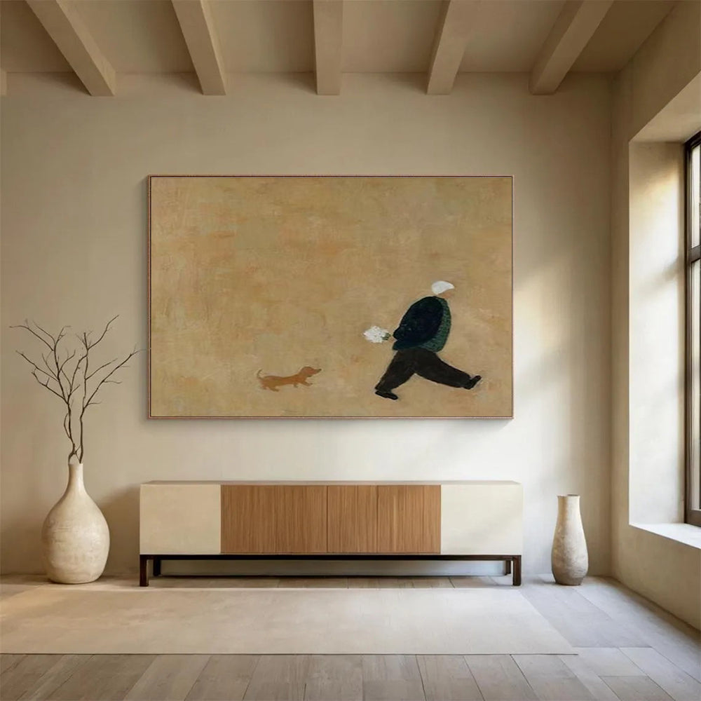 Brown - toned Figure and Dog Simple Abstract Painting THY109