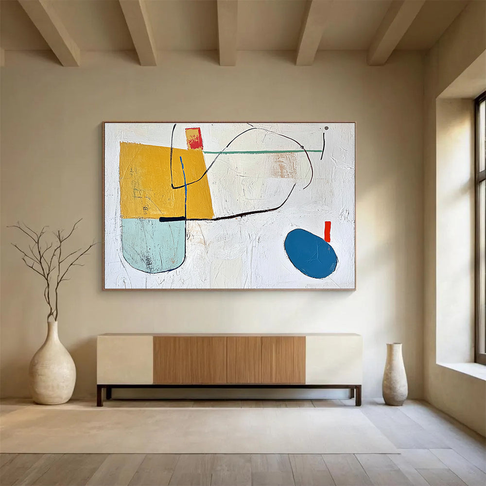 A large abstract painting featuring a yellow block, blue oval line, and colorful shapes on a textured white background.SC298