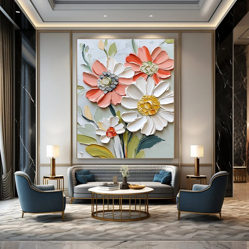 Large abstract painting of textured flowers in vibrant colors featuring a close-up of a delicate daisy-like bloom in a vintage modern style.STSC1126